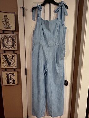 Simply Southern Light Blue Striped Tie-Shoulder Jumpsuit size XL NWOT